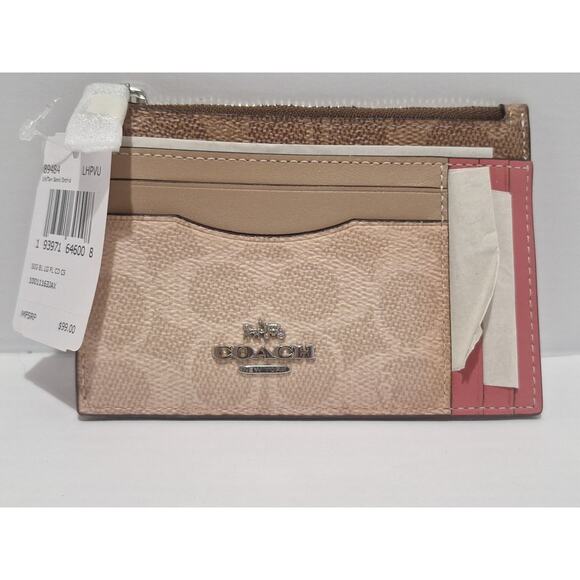 Coach Signature Corner Zip Card Case 89484 Tan Sand Orchid NWT - Picture 1 of 4